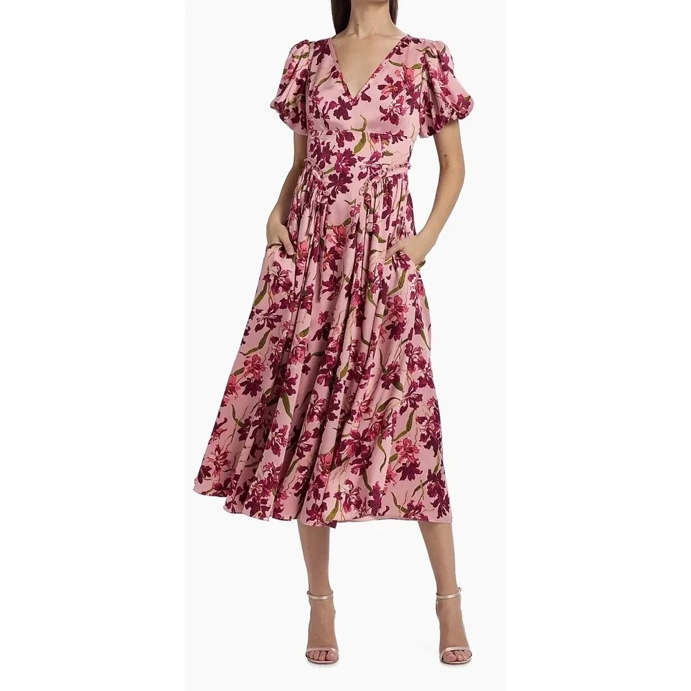 Cinq a Sept Pink Floral Orchid Midi Dress V-Neck Flutter Sleeve Womens Size 8 - Picture 10 of 12